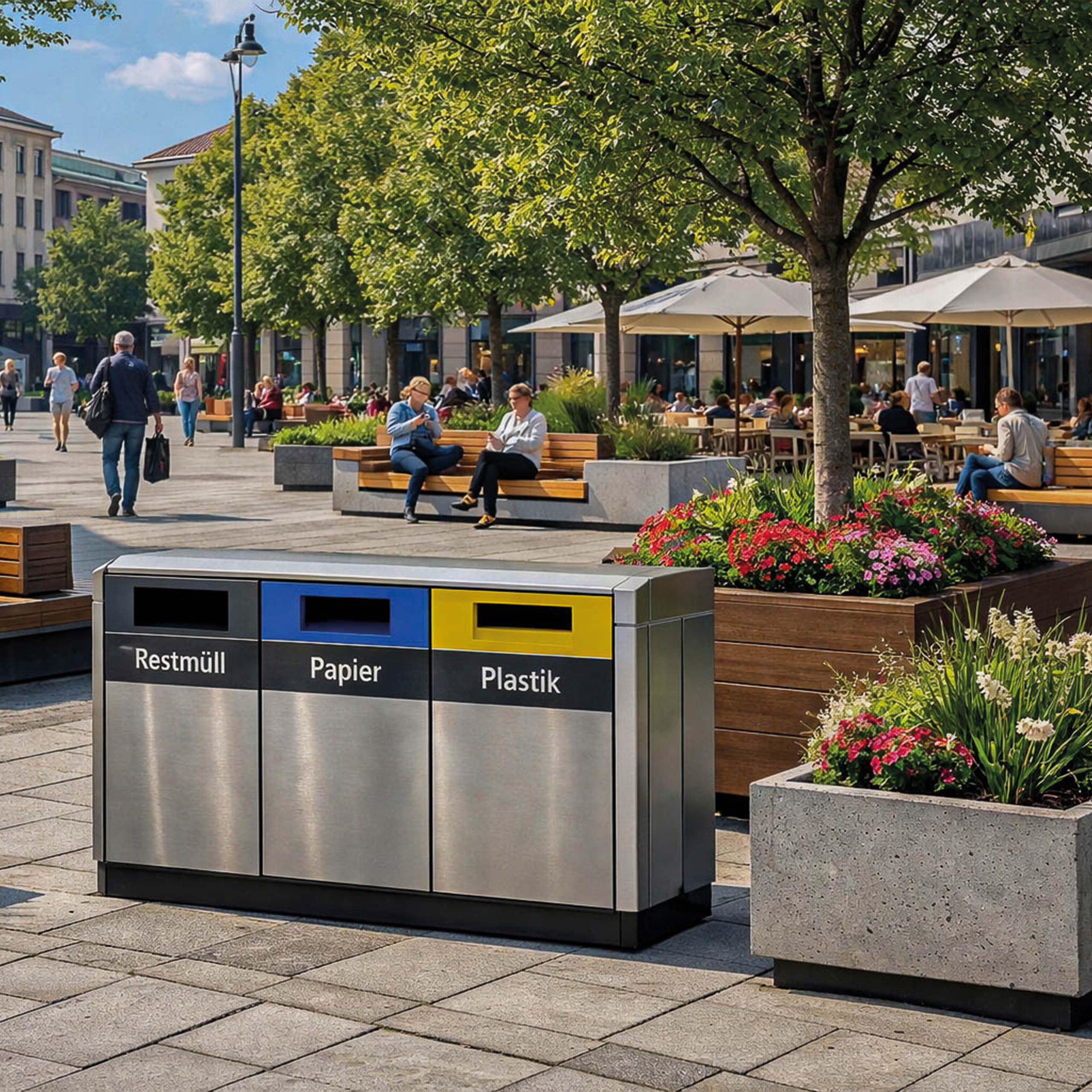 „Belebte Innenstadt im Frühling mit Sitzbänken aus Holz und Beton, zahlreichen blühenden Pflanzkübeln und einem dreiteiligen Abfalltrennsystem aus Metall im Vordergrund.