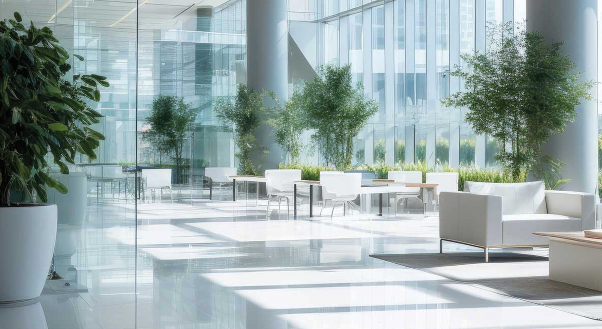 Großzügiger, moderner Innenraum mit hohen Glasfronten, weißen Sofas und Tischen sowie großen grünen Pflanzen in dekorativen Gefäßen; der helle Raum wirkt offen, ruhig und einladend.